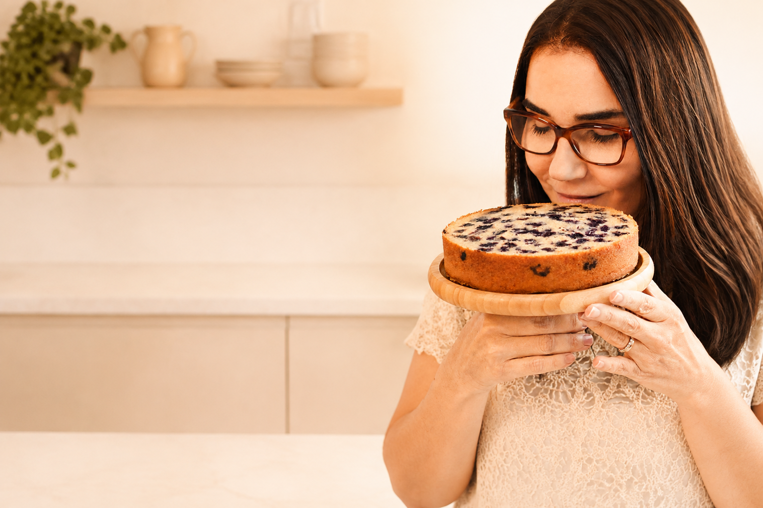 Cris com um bolo de frutas em uma cozinha acolhedora
